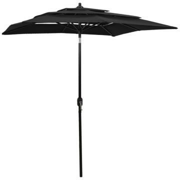 vidaXL Umbrelă de soare 3 niveluri, stâlp de aluminiu, negru, 2x2 m