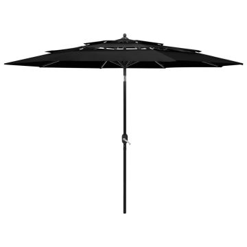 vidaXL Umbrelă de soare 3 niveluri, stâlp de aluminiu, negru, 3 m