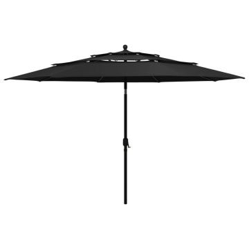 vidaXL Umbrelă grădină cu 3 niveluri, stâlp aluminiu, negru, 3,5 m