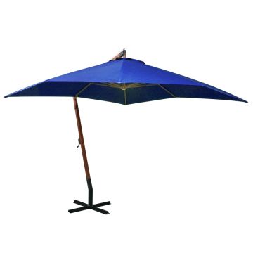 vidaXL Umbrelă suspendată cu stâlp, albastru azuriu, 3x3 m, lemn brad