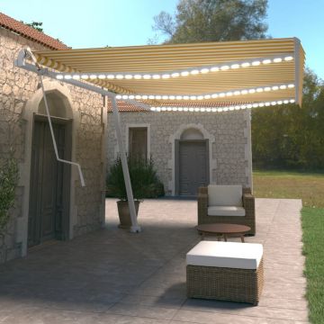 vidaXL Copertină automată cu senzor vânt & LED, galben/alb, 600x350 cm vidaXL Copertină automată cu senzor vânt & LED, galben/alb, 600x350 cm