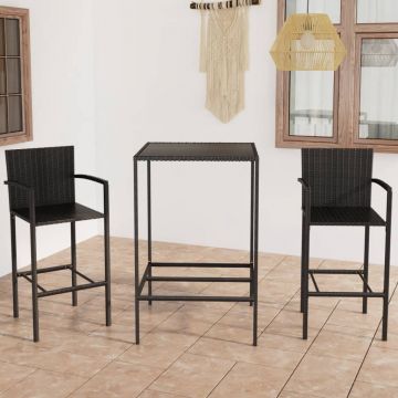 vidaXL Set mobilier bar de grădină, 3 piese, negru, poliratan