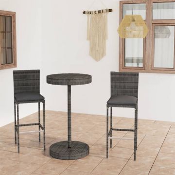 vidaXL Set mobilier bar de grădină, cu perne, 3 piese, gri, poliratan