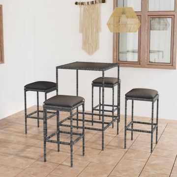 vidaXL Set mobilier bar de grădină, cu perne, 5 piese, gri, poliratan