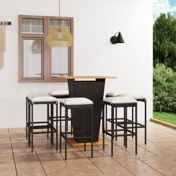 vidaXL Set mobilier bar de grădină cu perne, 9 piese, negru, poliratan