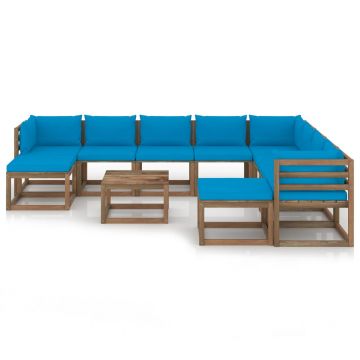 vidaXL Set mobilier de grădină, 11 piese, cu perne albastru deschis