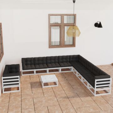 vidaXL Set mobilier grădină cu perne, 12 piese, alb, lemn masiv de pin