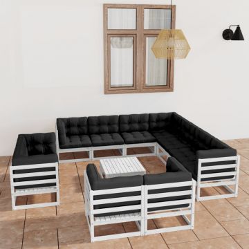 vidaXL Set mobilier de grădină cu perne, 12 piese, alb, lemn masiv pin