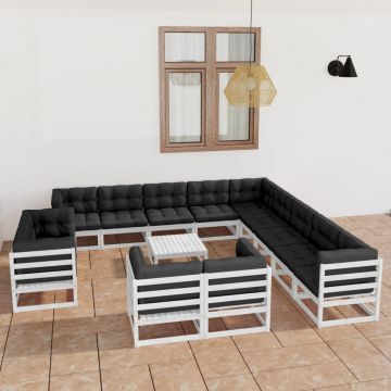 vidaXL Set mobilier de grădină cu perne, 14 piese, alb, lemn masiv pin