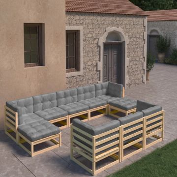 vidaXL Set mobilier grădină cu perne, 10 piese, lemn masiv de pin