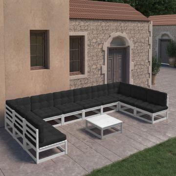 vidaXL Set mobilier grădină cu perne, 11 piese, alb, lemn masiv pin