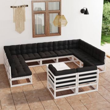 vidaXL Set mobilier grădină cu perne, 12 piese, alb, lemn masiv de pin