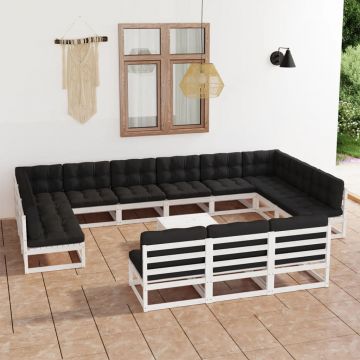 vidaXL Set mobilier grădină cu perne, 14 piese, alb, lemn masiv de pin