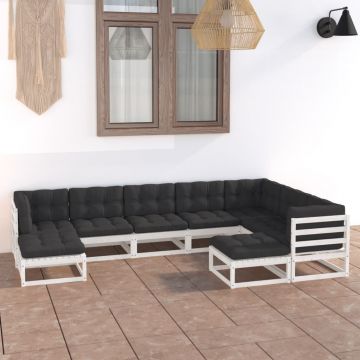 vidaXL Set mobilier grădină cu perne, 9 piese, alb, lemn masiv de pin