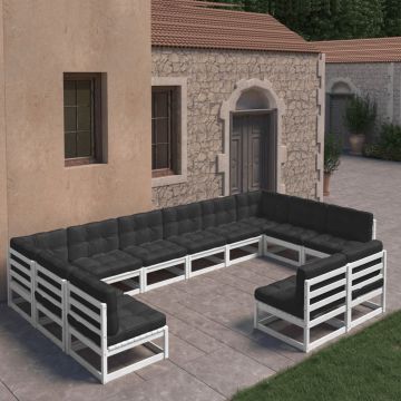 vidaXL Set mobilier grădină perne, 12 piese, alb, lemn masiv pin