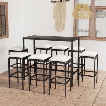 vidaXL Set mobilier bar de grădină cu perne, 9 piese, negru, poliratan