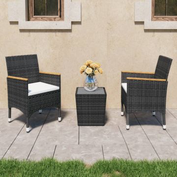 vidaXL Set mobilier de bistro, 3 piese, negru, poliratan și sticlă
