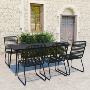 vidaXL Set mobilier de exterior, 7 piese, negru, poliratan și sticlă