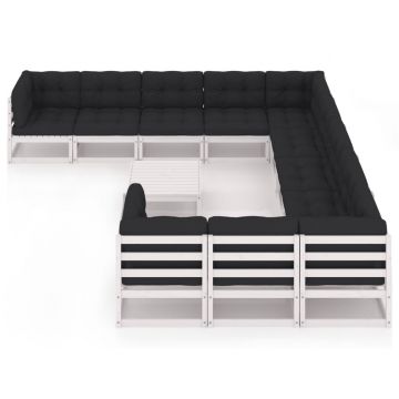 vidaXL Set mobilier grădină cu perne, 12 piese, alb, lemn masiv de pin
