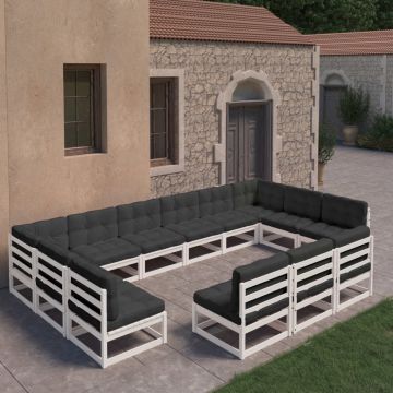 vidaXL Set mobilier grădină perne, 13 piese, alb, lemn masiv pin