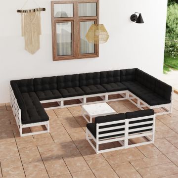 vidaXL Set mobilier de grădină cu perne, 13 piese, alb, lemn masiv pin