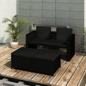 vidaXL Set mobilier de grădină cu perne, 3 piese, negru, poliratan