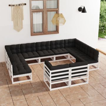 vidaXL Set mobilier grădină cu perne, 11 piese, alb, lemn masiv pin