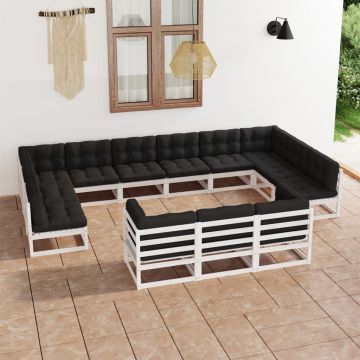 vidaXL Set mobilier grădină perne, 13 piese, alb, lemn masiv pin