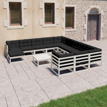 vidaXL Set mobilier grădină perne, 13 piese, alb, lemn masiv pin
