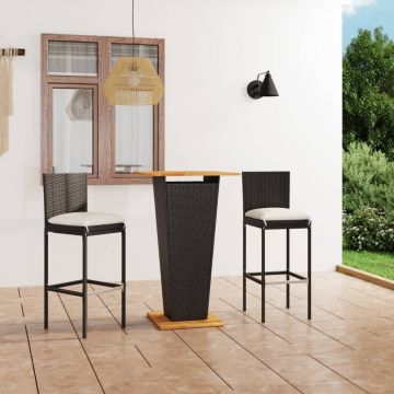 vidaXL Set mobilier bar de grădină cu perne, 3 piese, negru, poliratan