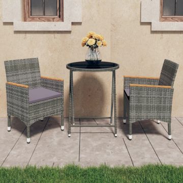 vidaXL Set mobilier de grădină, 3 piese, gri, poliratan și sticlă