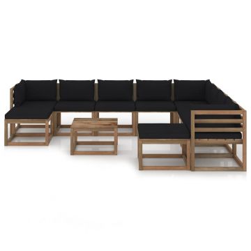 vidaXL Set mobilier de grădină, 11 piese, cu perne negre
