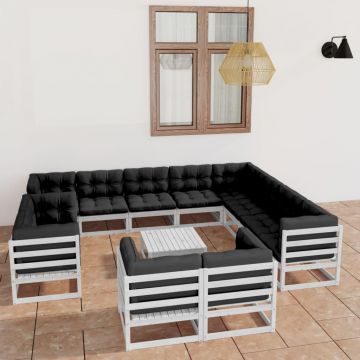 vidaXL Set mobilier de grădină cu perne, 13 piese, alb, lemn masiv pin