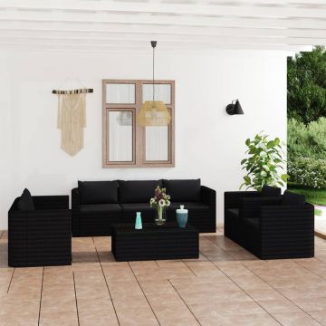 vidaXL Set mobilier de grădină cu perne, 9 piese, negru, poliratan