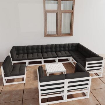 vidaXL Set mobilier grădină cu perne, 11 piese, alb, lemn masiv pin