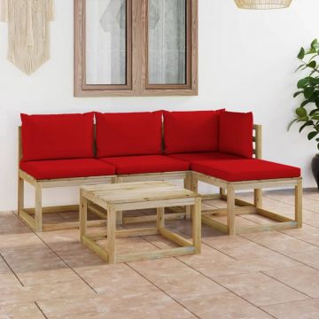 vidaXL Set mobilier de grădină, 5 piese, cu perne roșii