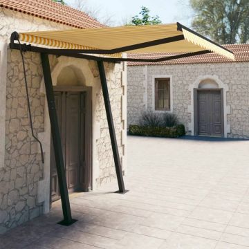 vidaXL Copertină retractabilă automat cu stâlpi, galben & alb, 3x2,5 m