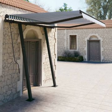 vidaXL Copertină retractabilă manual cu stâlpi, albastru&alb, 3x2,5 m