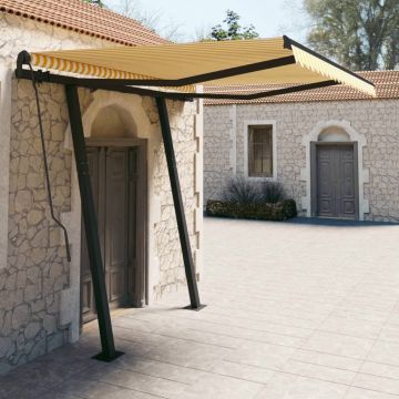 vidaXL Copertină retractabilă manual cu stâlpi, galben & alb, 3x2,5 m