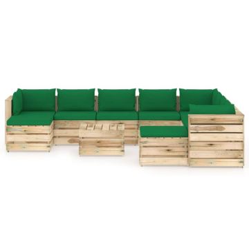 vidaXL Set mobilier grădină cu perne, 11 piese, lemn verde tratat