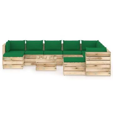 vidaXL Set mobilier grădină cu perne, 11 piese, lemn verde tratat