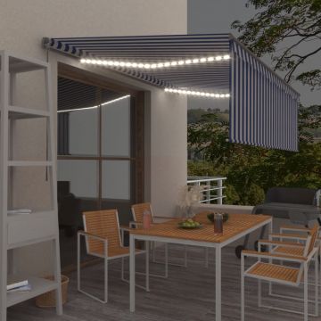 vidaXL Copertină retractabilă manual cu stor&LED, albastru&alb, 4x3 m