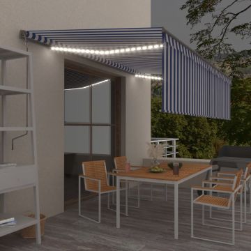 vidaXL Copertină retractabilă manual cu stor&LED,albastru&alb, 5x3 m vidaXL Copertină retractabilă manual cu stor&LED,albastru&alb, 5x3 m