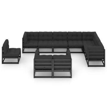 vidaXL Set mobilier grădină cu perne, 10 piese, negru, lemn masiv pin