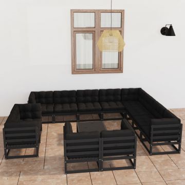 vidaXL Set mobilier de grădină cu perne13 piese, negru, lemn masiv pin