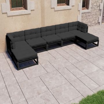 vidaXL Set mobilier grădină cu perne, 7 piese,negru, lemn masiv pin