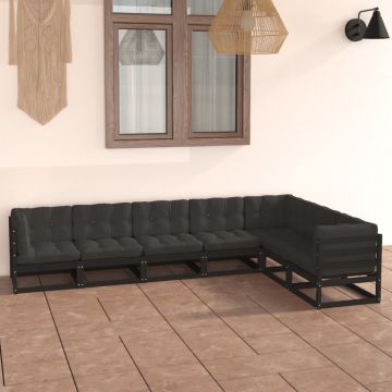 vidaXL Set mobilier grădină cu perne, 7 piese, negru, lemn masiv pin