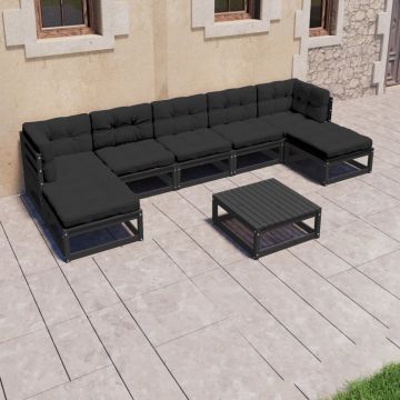 vidaXL Set mobilier grădină cu perne, 8 piese, negru, lemn masiv pin