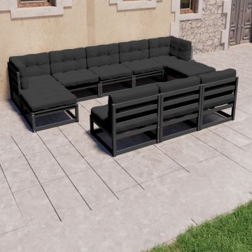 vidaXL Set mobilier grădină cu perne, 8 piese, negru, lemn masiv pin