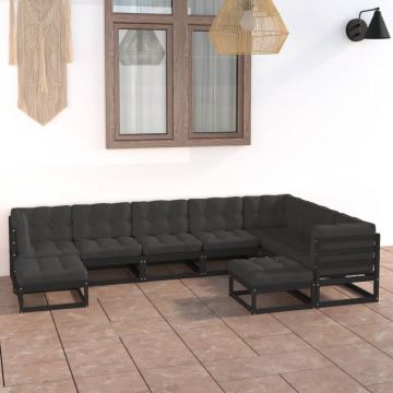 vidaXL Set mobilier grădină cu perne, 9 piese, negru, lemn masiv pin